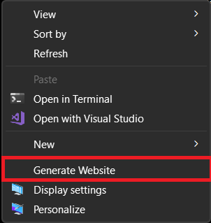 Context Menu Showing Generate Website Shortcut